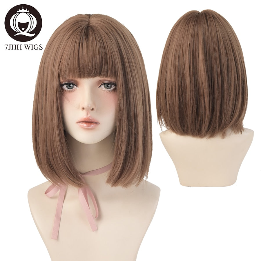 7JHH WIGS Black Short Bob Wig for Girl Daily Wear Synthetic Wig New Style Natural Supple Summer  Heatresistant Wig With Bangs