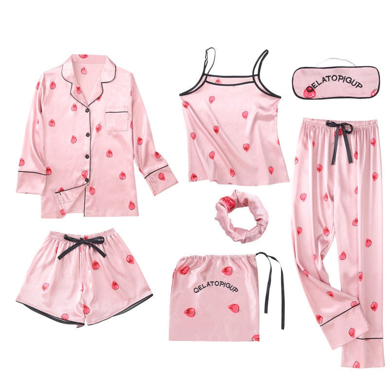 JULY'S SONG Pink 7 Pieces Women's Pajamas Sets Faux Silk Striped Pyjama Women's Pajamas Sleepwear Sets Spring Summer Homewear