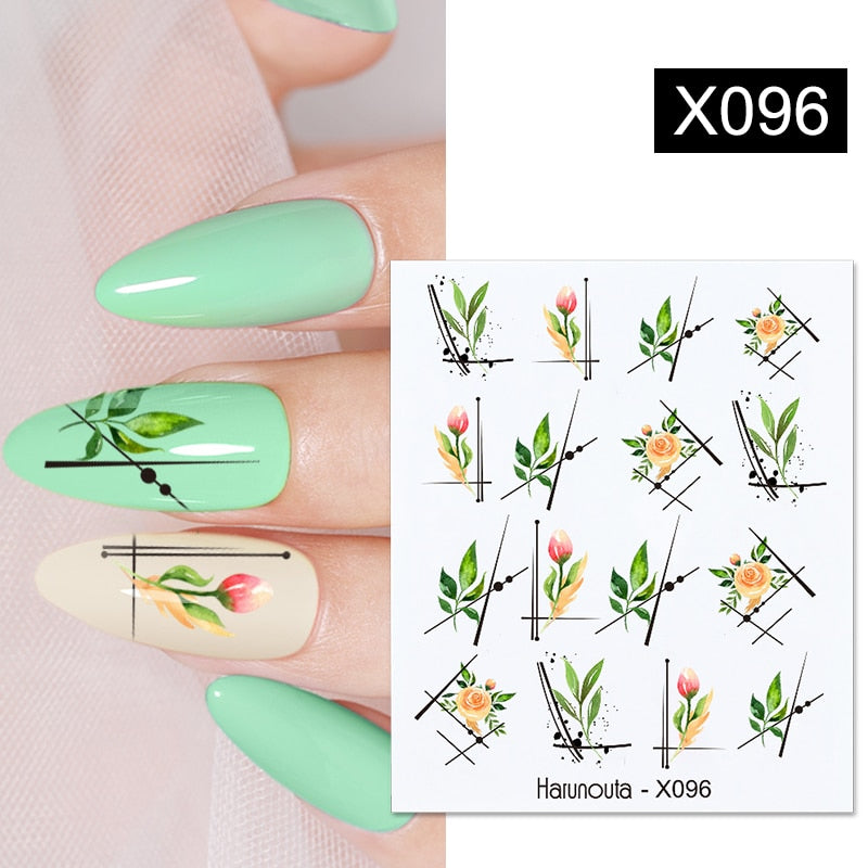 Harunouta Black Lines Flower Leaves Water Decals Stickers Floral Face Marble Pattern Slider For Nails Summer Nail Art Decoration