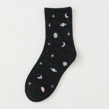 Harajuku Moon Stars Socks Women Funny Socks Cotton Japanese Creative Warm Cute Novelty Casual Streetwear Pink Korean Hot 35-40