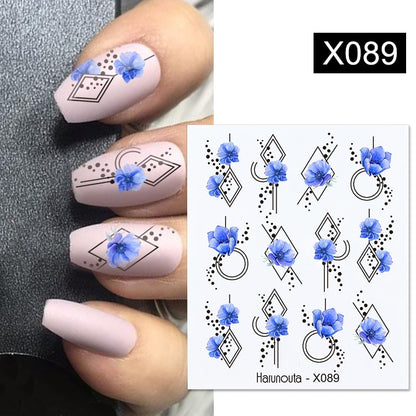 Harunouta Black Lines Flower Leaves Water Decals Stickers Floral Face Marble Pattern Slider For Nails Summer Nail Art Decoration