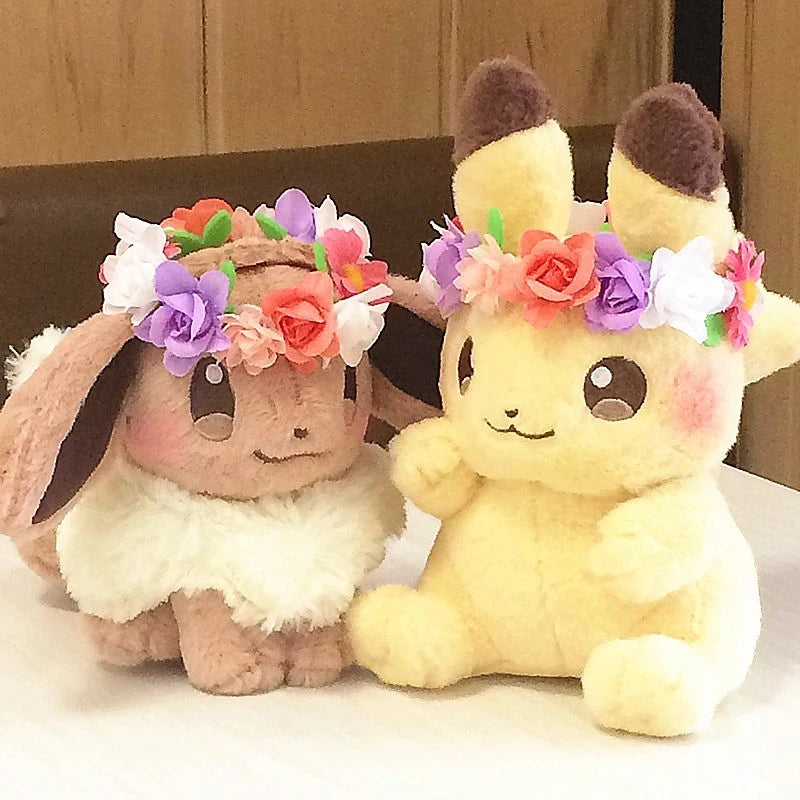 New Authentic Japan Pokemon Anime Game Pikachu & Eevee Easter Plush Doll Stuffed Toy Limited Edition Flower Toy