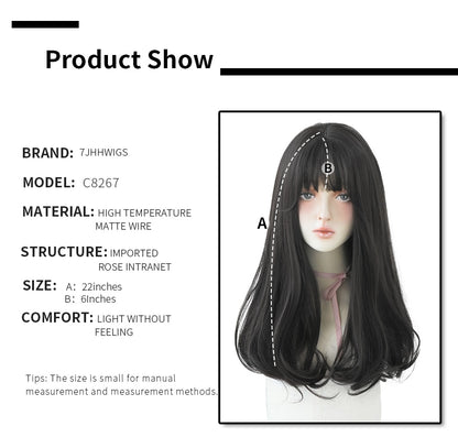 7JHHWIGS Long Wavy Synthetic Black Wigs For Women With Fringe Fashion Heat Resistant Mid-Length Daily Straight Light Brown Hair