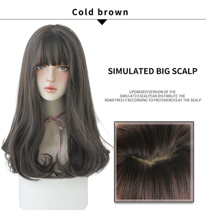 7JHHWIGS Long Wavy Synthetic Black Wigs For Women With Fringe Fashion Heat Resistant Mid-Length Daily Straight Light Brown Hair