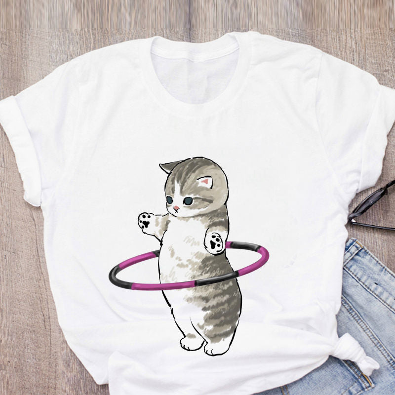 Women T-shirt Cute Cat Funny Cartoon T-shirt Harajuku Graphic Ulzzang T-shirt 90s Print T-shirt Fashion Aesthetic Top Tee Female