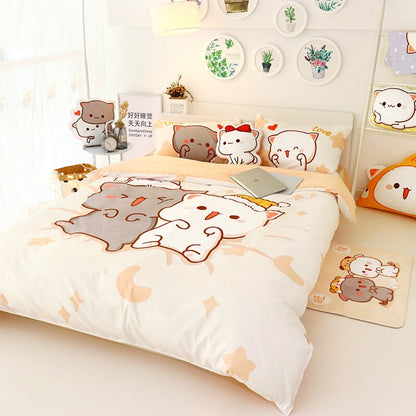 4Pcs Set Kawaii Cat Bed Sheet Cotton Bedding Set Soft Comforter Cover Twin Full Queen Size For Girls Bed Sheets and Pillowcases