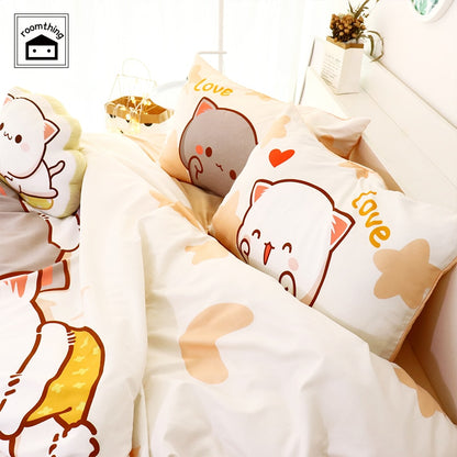 4Pcs Set Kawaii Cat Bed Sheet Cotton Bedding Set Soft Comforter Cover Twin Full Queen Size For Girls Bed Sheets and Pillowcases