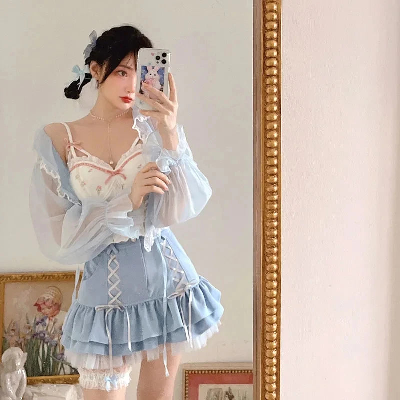 Elegant Pastel Blue Lace Mini Skirt Women's Kawaii Fashion