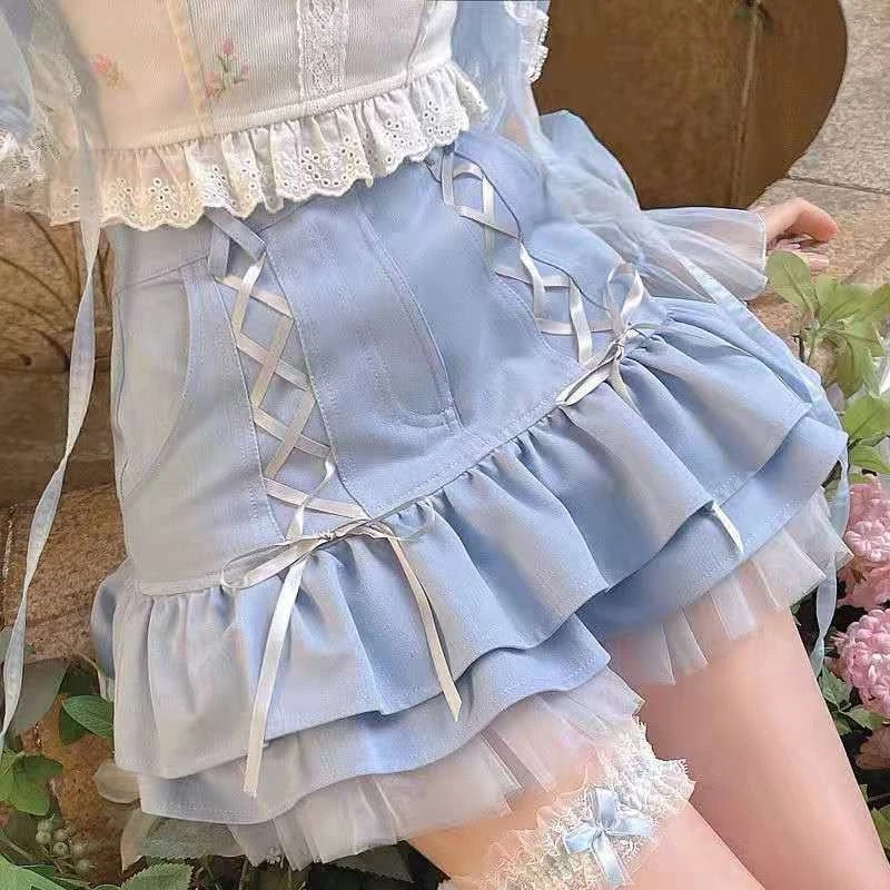 Elegant Pastel Blue Lace Mini Skirt Women's Kawaii Fashion