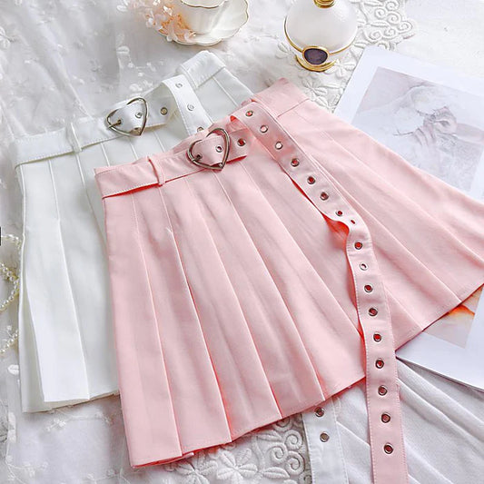 Twirl-Ready Pleated Women's Skirt Kawaii Elegance Belt & Cute Heart Buckle