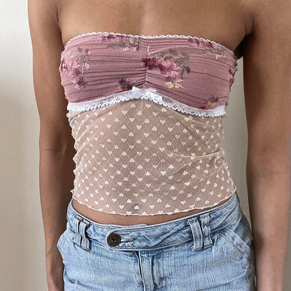 Maemukilabe Coquette Cute Pink Bandeau Tube Tops Fairycore Y2K Floral Lace Trim Strapless Crop Tops 90s Vintage Backless Camis