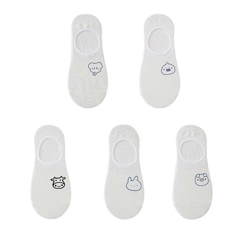 Women's cotton ankle socks, socks designed by rabbits, cows, hearts, warm and informal animals, 5 pairs of 10 pieces