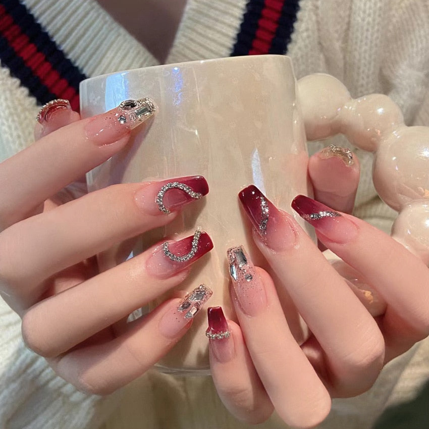 24Pcs Pink Ballet False Nails Long Coffin with Rhinestone Love Heart Wearable Fake Nails Full Cover Press on Nails Tips Glitter