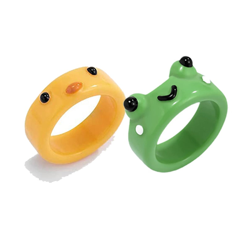 2Pc Cute Frog Rings Lover Polymer Clay Resin Acrylic Rings for Women Girls Couple Travel Ring Summer Fashion Animal Jewelry Gift