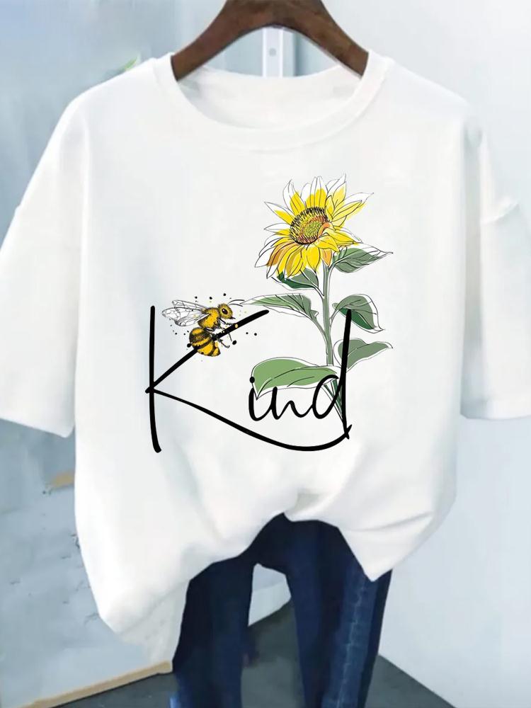Flower Print Fashion Plant Trend Lovely Style Short Sleeve Women Graphic Tee Summer T Clothing Female Clothes Casual T-shirts