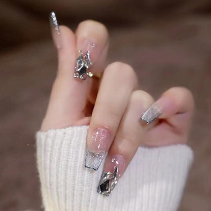 24Pcs Black Bow Detachable Fingernails Ballerina Wearable Fake Nails Press on Square Head False Nails Full Cover Nail Tips