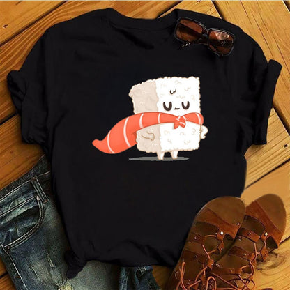 Women Black T-shirts Summer Cute Sushi hug Short Sleeve Tees shirt Femme Summer O-Nock Kawaii Clothing Tops Ladies T shirt