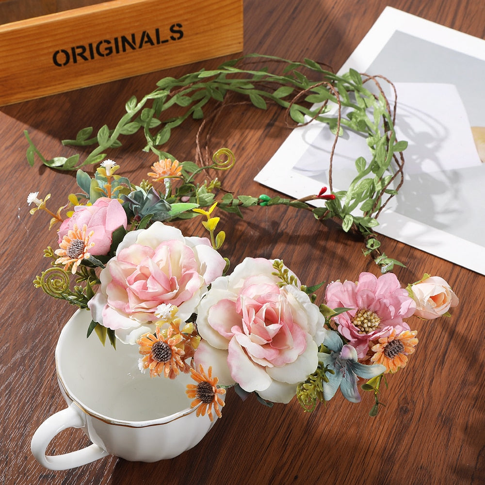 Bohemian Rattan Flower Vines Crown Headband for Bride Wedding Hair Accessories Girls Floral Wreath Head Band Hairstyles Headdres