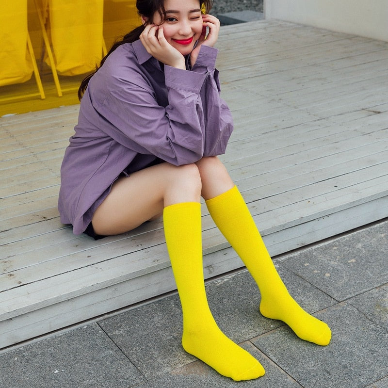 New Japanese solid color calf socks Hyuna candy color Korean student long tube women's socks