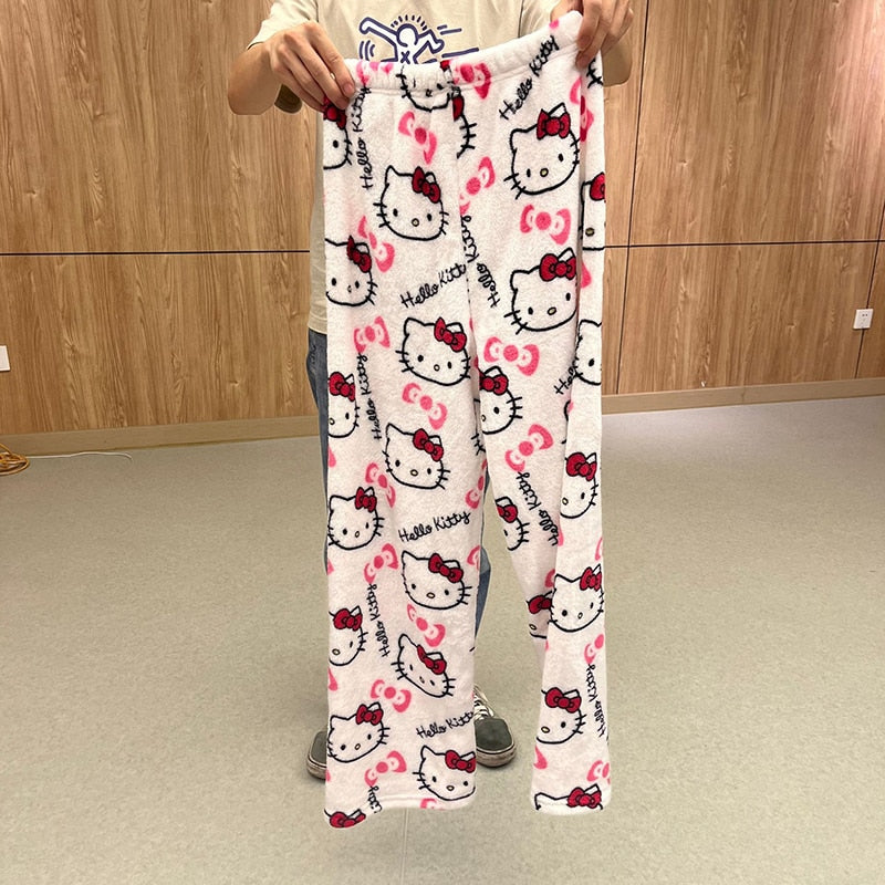 Anime Sanrio Hello Katie Pajamas Flannel Women Kawaii Wool Black and White Cartoon Float Home Pants Fall Fashion Pants New