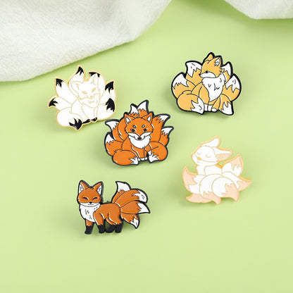 Little Fox Combination Metal Enamel Brooch Japanese Cartoon Cute Nine-tailed Fox Small Animal Badge Pin Jewelry Men Women Gifts