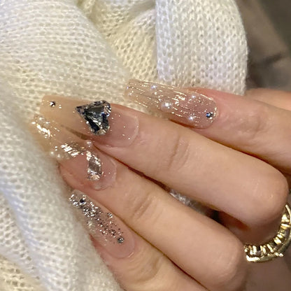 24Pcs Pink Ballet False Nails Long Coffin with Rhinestone Love Heart Wearable Fake Nails Full Cover Press on Nails Tips Glitter
