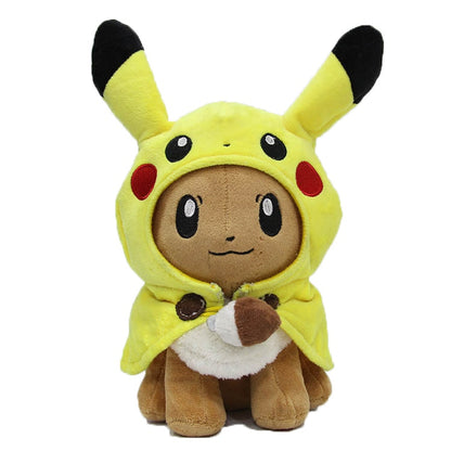 TAKARA TOMY Pokemon Plush Toys Pikachu Cosplay Eevee Plush Game Stuffed Dolls Eevee with Cloak Cos Pikachu Toy Kids Gift