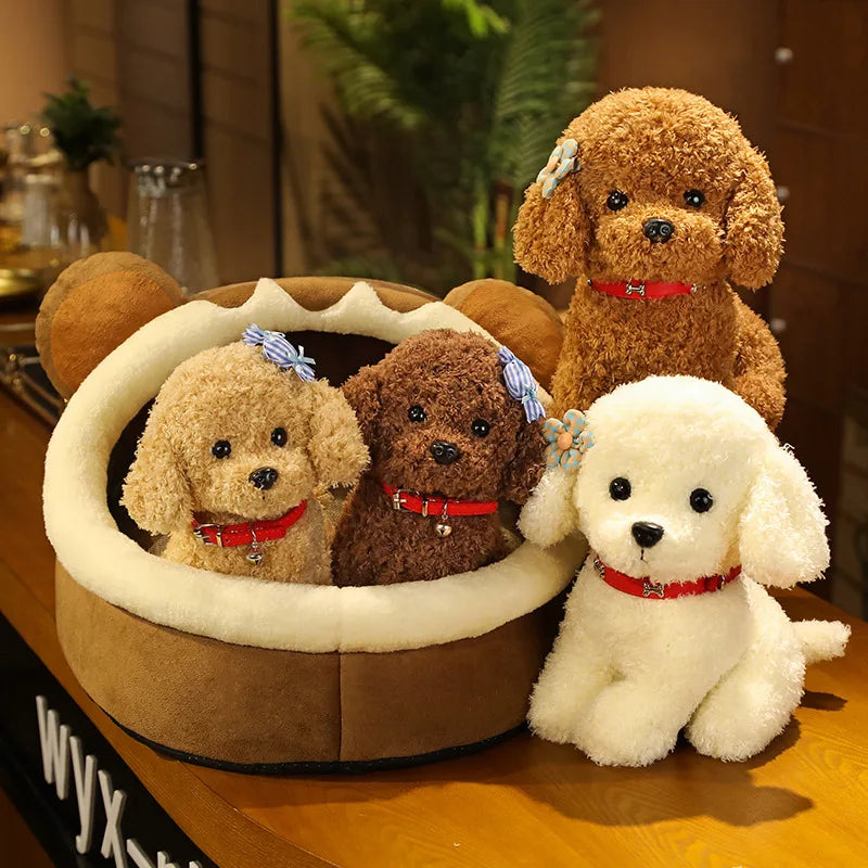 Teddy Dog Stuffed Animals 28cm Fluffy Golden Doodle Puppy Plush Toys Maltipoo Plushies Fuzzy Curly Hair Collar Soft Doll Kids Birthday Gift