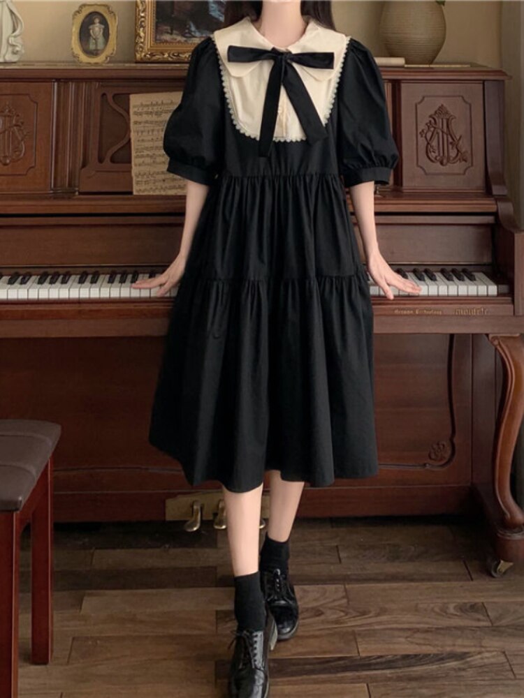 HOUZHOU Women Lolita Dress Kawaii Elegant Vintage Dresses Summer Sweet Cute Puff Sleeve Preppy Style Sundress Fashion Robe