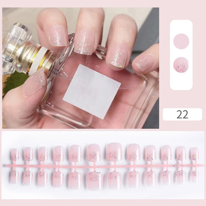 24pcs Sweet Summer Fake Nails Patches Pink Glitter Nude Press on Nails Women Wearable Nail Art Stickers Full Finished False Nail