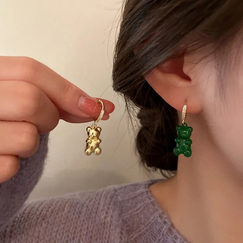 Cute Acrylic Candy Gummy Bear Dangle Earrings for Women Rainbow Bear CZ Hoop Earrings Korean Fashion Sweet Girl Jewelry