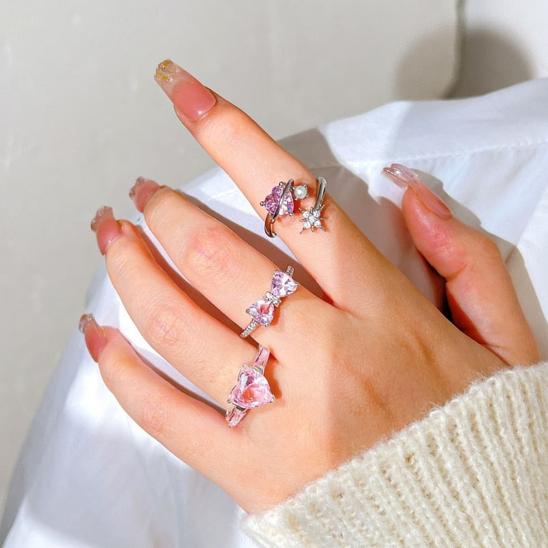 Pink Crystal Heart Bowknot Rings For Women Girls Y2k Kpop Sweet Cool Open Finger Rings Party Fashion Jewelry Gifts New