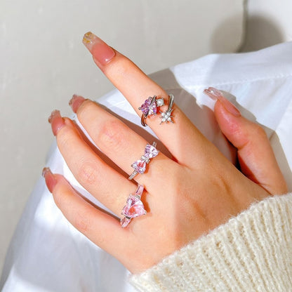 Pink Crystal Heart Bowknot Rings For Women Girls Y2k Kpop Sweet Cool Open Finger Rings Party Fashion Jewelry Gifts New