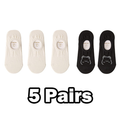 5 Pairs New Kawai Women Socks Summer Cute Japanese Fashion Cartoon Bear Funny Socks Soft Cotton Short Non-slip Invisible Socks