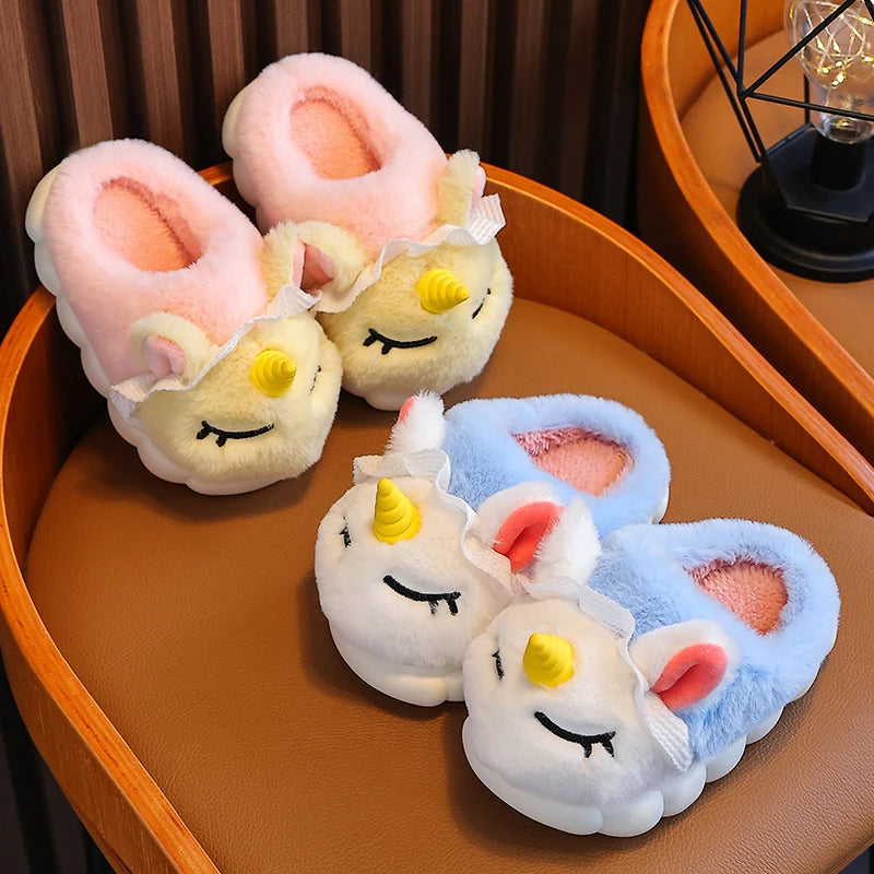 New Winter Kids Cotton Slippers Cartoon Unicorn Children's Indoor Slides Non-Slip Platform Girls And Boys Warm Plush House Shoes