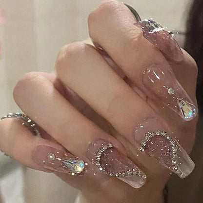 24Pcs Pink Ballet False Nails Long Coffin with Rhinestone Love Heart Wearable Fake Nails Full Cover Press on Nails Tips Glitter