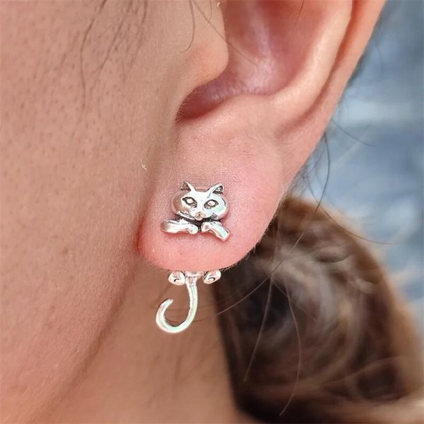 1 Pair Cute Black Cat Stud Earrings for Women Front Back Animal Jewelry Punk Fashion Statement Friendship Piercing Party Gift