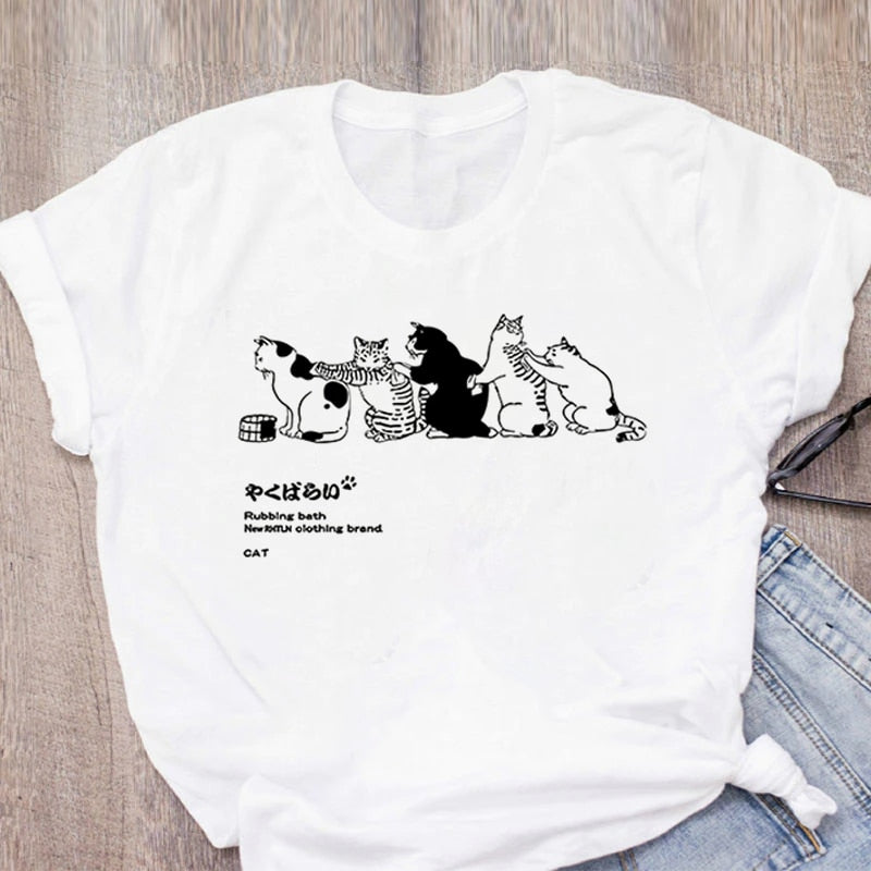 Women T-shirt Cute Cat Funny Cartoon T-shirt Harajuku Graphic Ulzzang T-shirt 90s Print T-shirt Fashion Aesthetic Top Tee Female