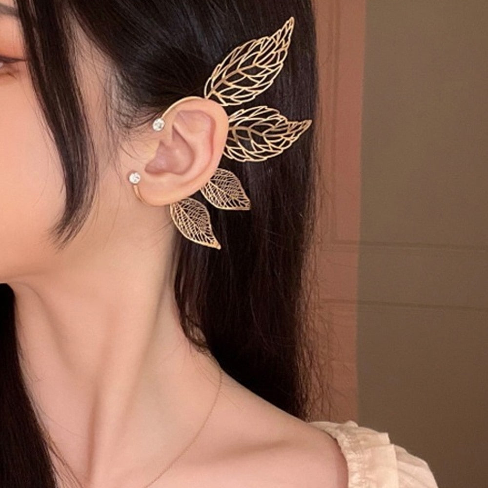 1 Pc Chic Elf Ear Cuff Maple Leaf Hollowed Zircon Leaf Cosplay Fairy Earring Clips for Women Girls Wedding Ear Cuff Jewelry