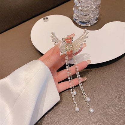 New Female Butterfly Pearl Tassel Hair Claw Rhinestone Clip Korean Simple Shark Ponytail Crab Clip Girls Hair Accessories