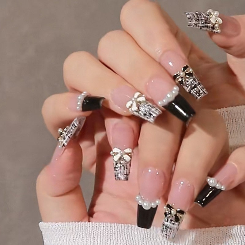 24Pcs Pink Ballet False Nails Long Coffin with Rhinestone Love Heart Wearable Fake Nails Full Cover Press on Nails Tips Glitter