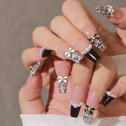 24Pcs Pink Ballet False Nails Long Coffin with Rhinestone Love Heart Wearable Fake Nails Full Cover Press on Nails Tips Glitter