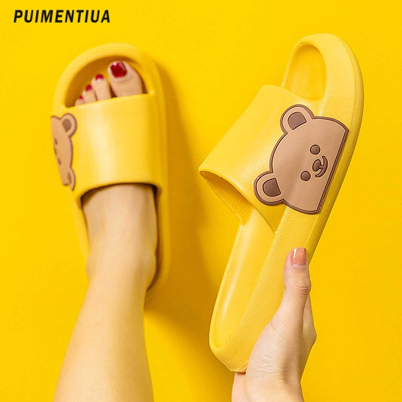 Women Slippers Beach Slides Cartoon Bear Flip Flops Men's Thick Sole Indoor Bathroom Anti-Slip Shoes Summer Couple Sandals