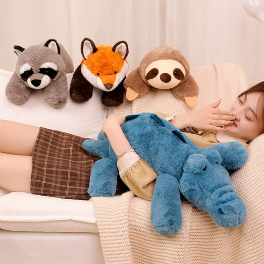 45-65cm Lazy Animal Plush Toy Fluffy Lying Pillow Stuffed Racoon Fox Sloth Dinosaur Dog Sleeping Doll Room Decor