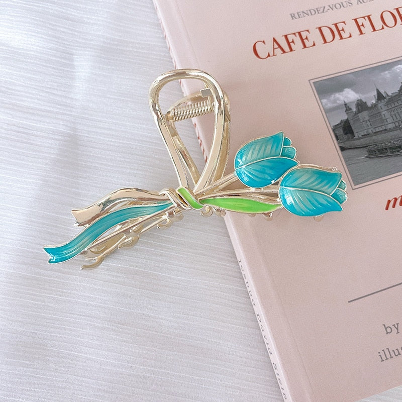New Korean Vintage Flowers Large Metal Hair Claw Clip Ponytail Women Butterfly Shark Alloy Hair Claw Barrette Hair Accessories