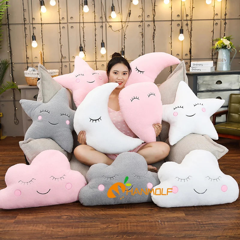 Stars & Moon Plush Toys Sky Pillow Plushies Cloud Stuffed Animals Pillow Pink White Yellow Purple Blue Living Room Chair Sofa Home Decor Cushion Gift