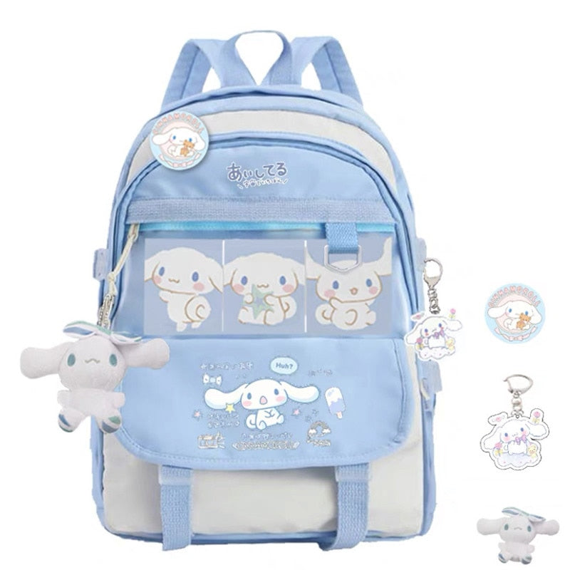 Cinnamoroll Backpack with Sanrio Plush Toy Anime Children Girls Blue Schoolbag School Supplies Student Kawaii Cute Large Computer Bag Gift