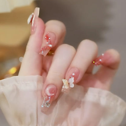 24Pcs Pink Ballet False Nails Long Coffin with Rhinestone Love Heart Wearable Fake Nails Full Cover Press on Nails Tips Glitter
