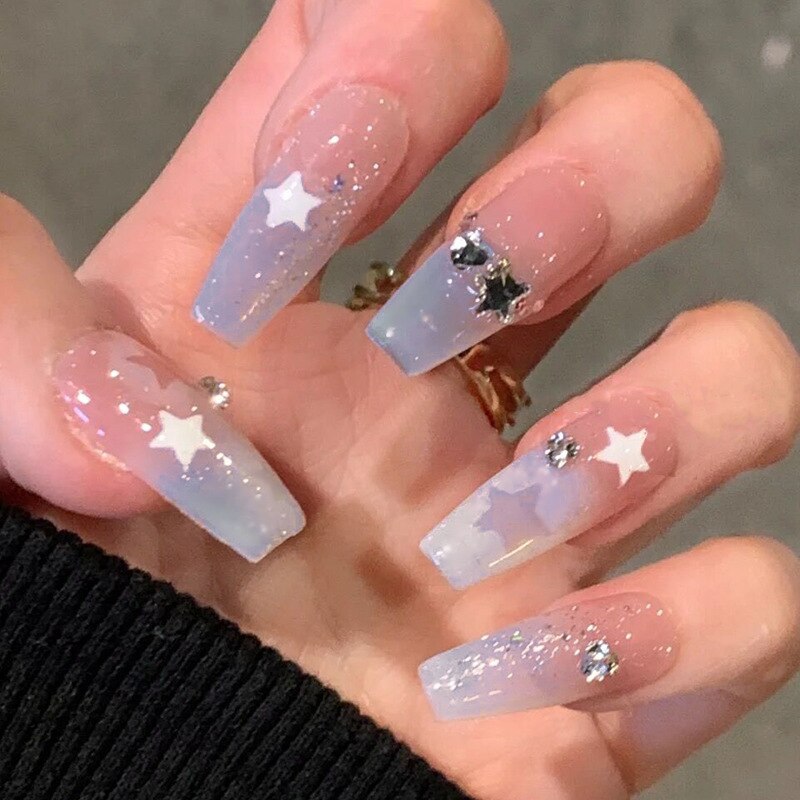 24Pcs Pink Ballet False Nails Long Coffin with Rhinestone Love Heart Wearable Fake Nails Full Cover Press on Nails Tips Glitter