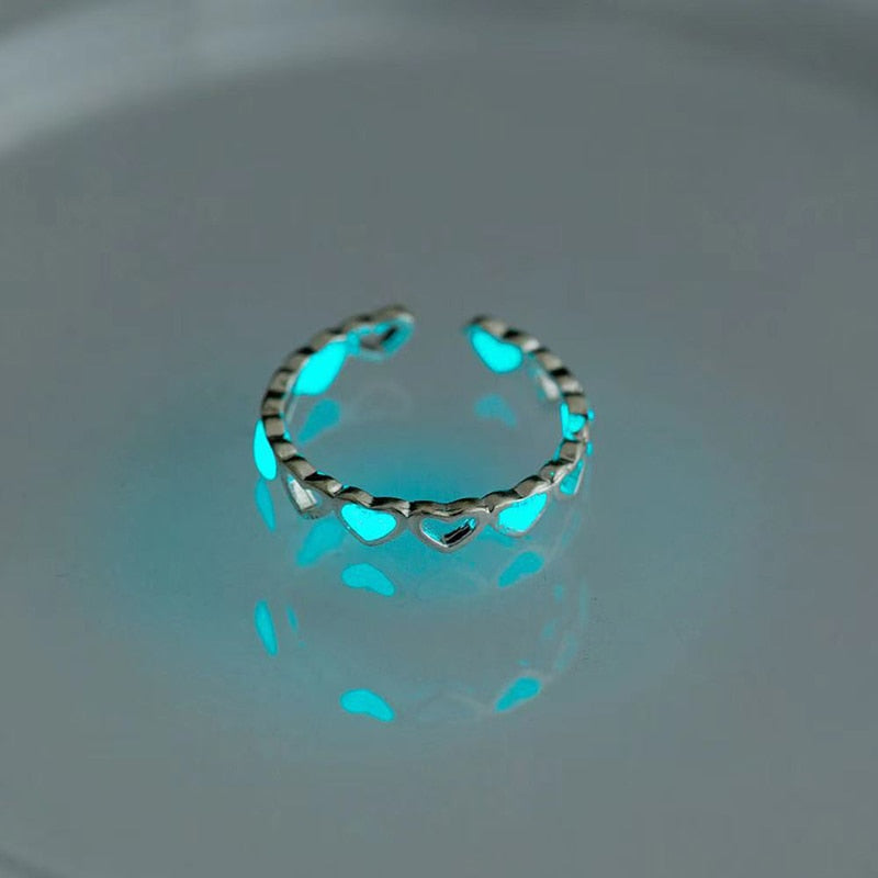 Luminous Love Heart Finger Ring Glow In Dark Fashion Adjustable Couples Rings Silver Color Pink Blue Light Jewelry Lover Gift